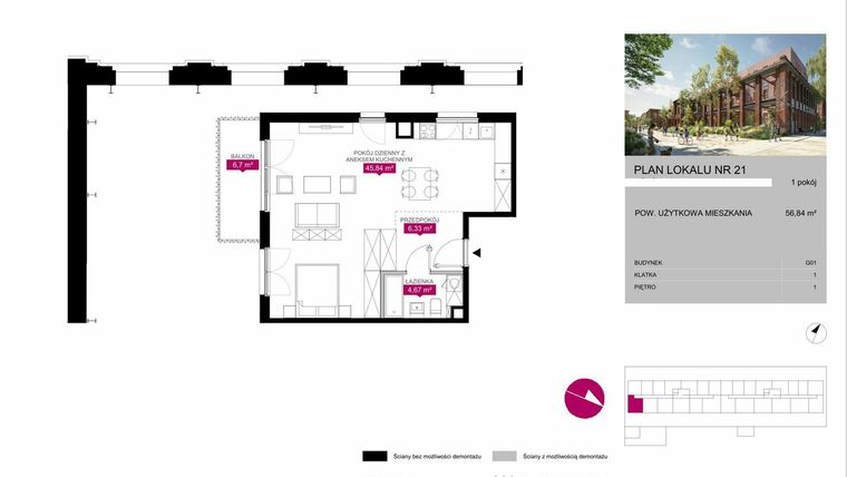 Rzut - Mieszkanie na sprzedaż 1 pokój o powierzchni 56,69 m² - numer G1.21 w Fuzja Mieszkania Loftowe