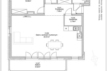 Rzut - Mieszkanie na sprzedaż 3 pokoje o powierzchni 89,38 m² - numer 13 w Apartamenty Jasińskiego