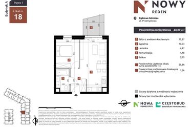 Rzut - Mieszkanie na sprzedaż 2 pokoje o powierzchni 40,02 m² - numer A18 w Nowy Reden