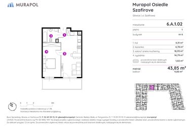 Rzut - Mieszkanie na sprzedaż 2 pokoje o powierzchni 43,85 m² - numer 6.A.1.02 w Murapol Osiedle Szafirove
