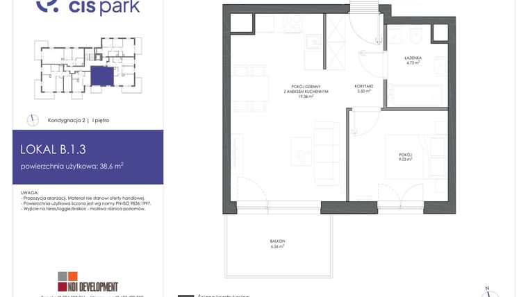 Rzut - Mieszkanie na sprzedaż 2 pokoje o powierzchni 38,6 m² - numer B.1.3 w CIS Park