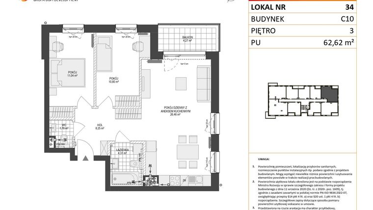 Rzut - Mieszkanie na sprzedaż 3 pokoje o powierzchni 62,62 m² - numer C10.34 w Konstelacja etap V