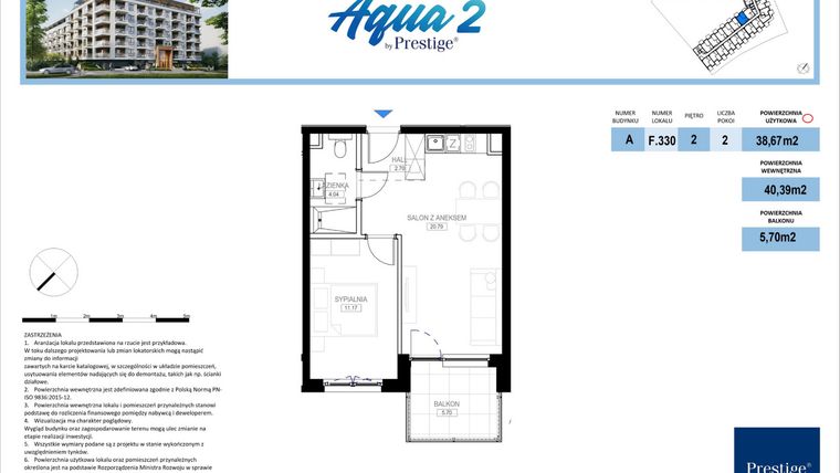 Rzut - Mieszkanie na sprzedaż 2 pokoje o powierzchni 38,67 m² - numer F.330 w Bel Mare (Międzyzdroje)