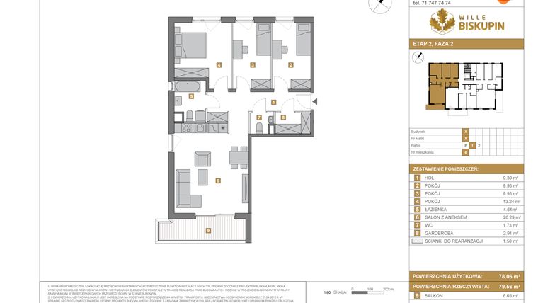 Rzut - Mieszkanie na sprzedaż 4 pokoje o powierzchni 78,06 m² - numer X/6 w Wille Biskupin Etap 2.2