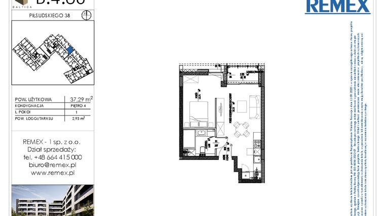 Rzut - Mieszkanie na sprzedaż 1 pokój o powierzchni 37,29 m² - numer B.4.86 w Osiedle BALTICA