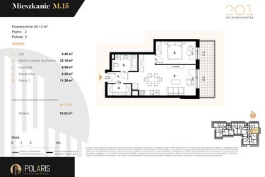 Rzut - Mieszkanie na sprzedaż 2 pokoje o powierzchni 48,13 m² - numer M15 w Aleja Krakowska 201