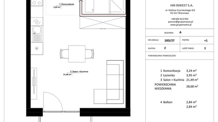 Rzut - Mieszkanie na sprzedaż 1 pokój o powierzchni 28,68 m² - numer 10D/27 w Jasielska 8C etap II