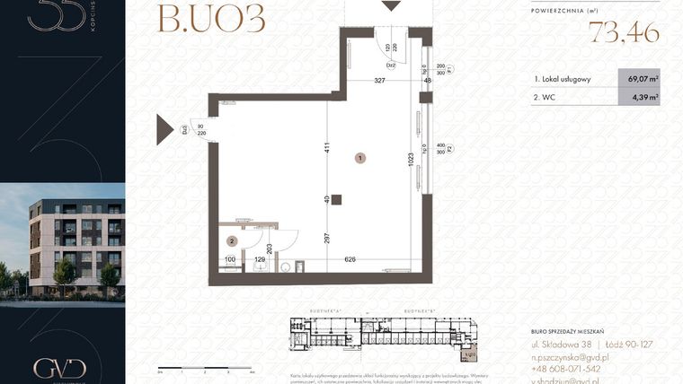Rzut - Lokal użytkowy na sprzedaż 1 pokój o powierzchni 73,46 m² - numer B.U03 w Kopcińskiego 33