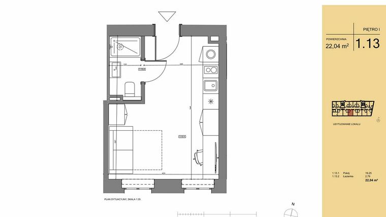 Rzut - Mieszkanie na sprzedaż 1 pokój o powierzchni 22,04 m² - numer 1.13 w Rezydencja San Petrus