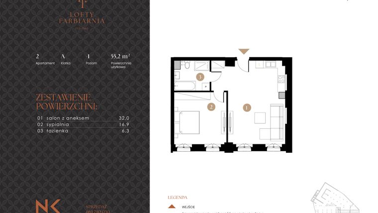 Rzut - Mieszkanie na sprzedaż 2 pokoje o powierzchni 55,2 m² - numer 2 w Lofty Farbiarnia
