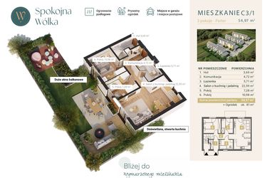 Rzut - Mieszkanie na sprzedaż 3 pokoje o powierzchni 54,97 m² - numer C3/1 w Spokojna Wólka etap IV
