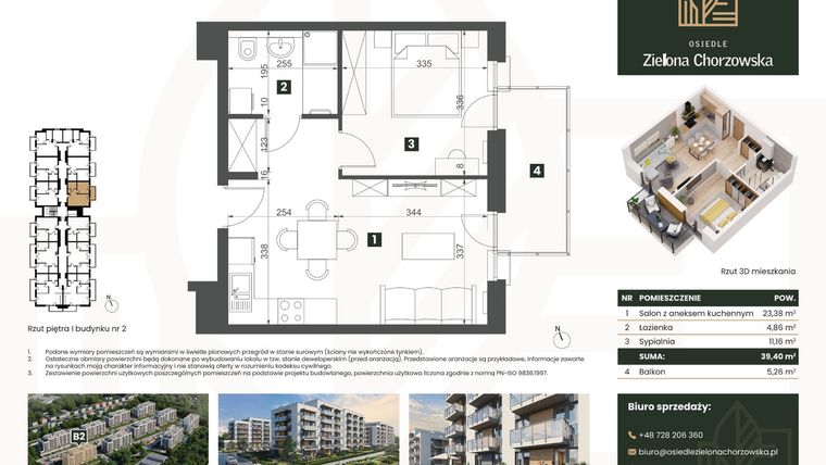 Rzut - Mieszkanie na sprzedaż 2 pokoje o powierzchni 39,4 m² - numer B2.M16 w Osiedle Zielona Chorzowska