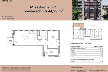 Rzut - Mieszkanie na sprzedaż 2 pokoje o powierzchni 44,29 m² - numer M1 w Plac Słowiański 9