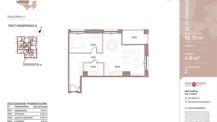 Rzut - Mieszkanie na sprzedaż 2 pokoje o powierzchni 55,7 m² - numer 35 w Kopalniana