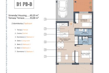Rzut - Mieszkanie na sprzedaż 2 pokoje o powierzchni 60,2 m² - numer 1.0.B w LA Sunrise - Los Alcázares