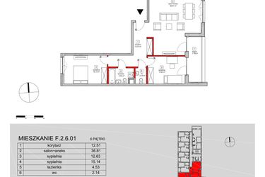 Rzut - Mieszkanie na sprzedaż 3 pokoje o powierzchni 86,04 m² - numer F.2.6.01 w ATAL SKY+ bud. D-F