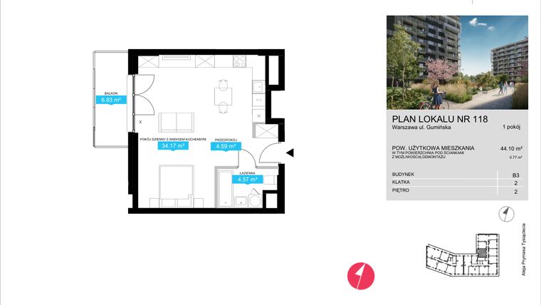 Rzut - Mieszkanie na sprzedaż 1 pokój o powierzchni 44,1 m² - numer B3.118 w Stacja Wola - Etap III