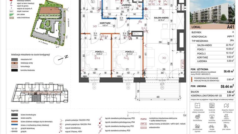 Rzut - Mieszkanie na sprzedaż 3 pokoje o powierzchni 59,06 m² - numer A41 w ulica Staszica bud. A