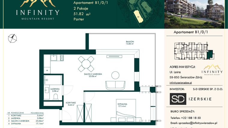 Rzut - Mieszkanie na sprzedaż 2 pokoje o powierzchni 51,82 m² - numer B1/0/1 w Infinity Mountain Resort etap 2
