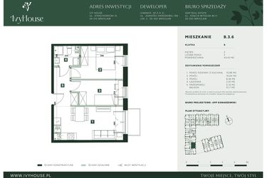 Rzut - Mieszkanie na sprzedaż 3 pokoje o powierzchni 43,43 m² - numer B.3.6 w IVY HOUSE