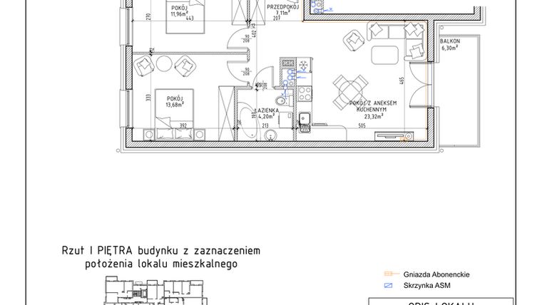 Rzut - Mieszkanie na sprzedaż 3 pokoje o powierzchni 60,27 m² - numer 48 w Osiedle Sady bud. E4