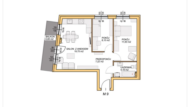 Rzut - Mieszkanie na sprzedaż 3 pokoje o powierzchni 51,16 m² - numer M9 w Willa Moderno
