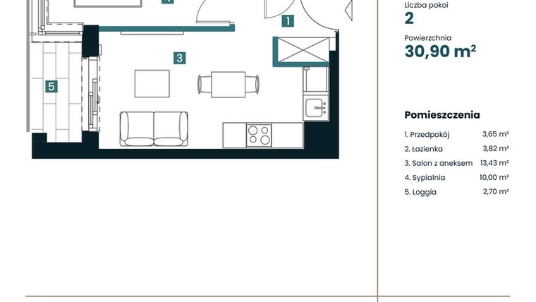 Rzut - Mieszkanie na sprzedaż 1 pokój o powierzchni 30,9 m² - numer M405 w Sea Breeze