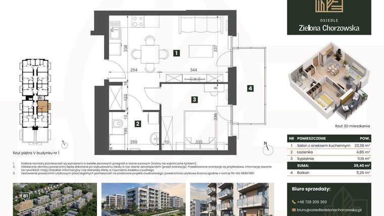 Rzut - Mieszkanie na sprzedaż 2 pokoje o powierzchni 39,4 m² - numer B1.M55 w Osiedle Zielona Chorzowska