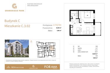Rzut - Mieszkanie na sprzedaż 2 pokoje o powierzchni 42,09 m² - numer C.3.02 w Grabskiego Park