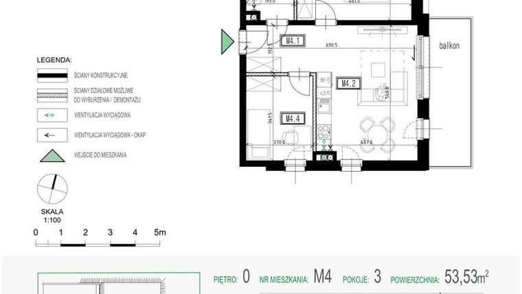 Rzut - Mieszkanie na sprzedaż 3 pokoje o powierzchni 53,53 m² - numer 4 w Kolarska Koncept