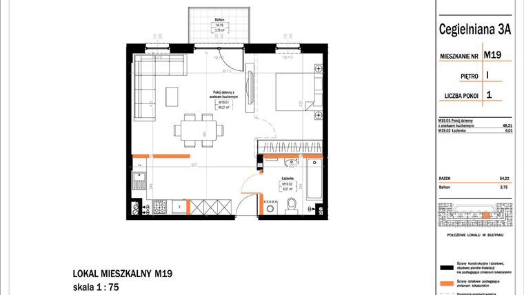 Rzut - Mieszkanie na sprzedaż 1 pokój o powierzchni 54,22 m² - numer 19 w Osiedle StaLove etap II