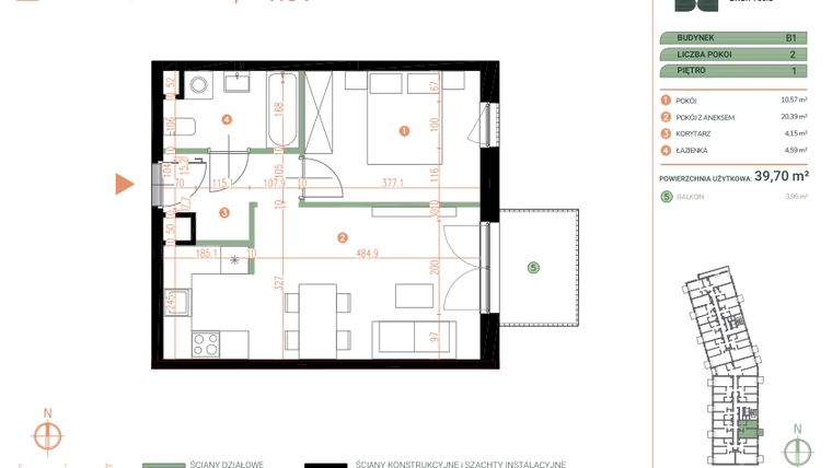 Rzut - Mieszkanie na sprzedaż 2 pokoje o powierzchni 39,7 m² - numer M.01.01 w Casa Feliz Portowa II