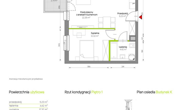 Rzut - Mieszkanie na sprzedaż 2 pokoje o powierzchni 44,77 m² - numer K/101 w Centralna Park