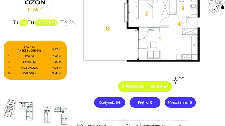 Rzut - Mieszkanie na sprzedaż 2 pokoje o powierzchni 35,5 m² - numer 34.6 w Osiedle Ozon etap VII