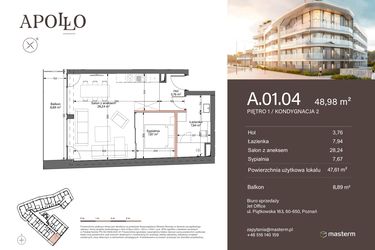 Rzut - Mieszkanie na sprzedaż 2 pokoje o powierzchni 47,61 m² - numer A.1.04 w Apollo Residence