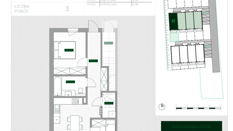 Rzut - Mieszkanie na sprzedaż 3 pokoje o powierzchni 57,5 m² - numer H1 w Zielona Krzyszkowicka