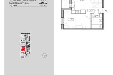 Rzut - Mieszkanie na sprzedaż 2 pokoje o powierzchni 48,55 m² - numer 2.A109 w Niebieski Bursztyn II