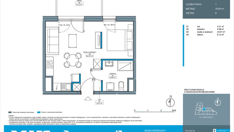 Rzut - Mieszkanie na sprzedaż 1 pokój o powierzchni 33,64 m² - numer A.6.1 w Rakoczego 17