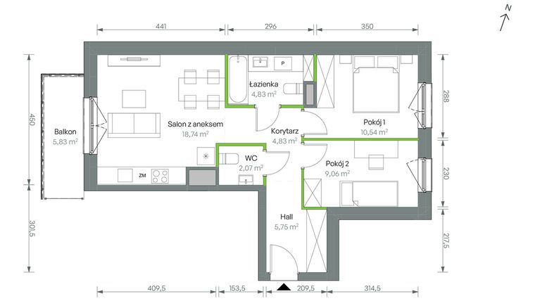 Rzut - Mieszkanie na sprzedaż 3 pokoje o powierzchni 55,82 m² - numer 3/B/4/80 w Oliwska Vita