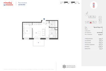 Rzut - Mieszkanie na sprzedaż 2 pokoje o powierzchni 42,62 m² - numer A5.101.M02 w Mieszkaj w mieście - Ogrody Glogera