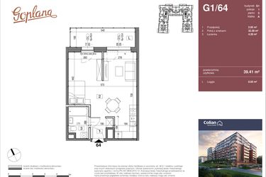 Rzut - Mieszkanie na sprzedaż 1 pokój o powierzchni 39,41 m² - numer G1/64 w Goplana budynek G