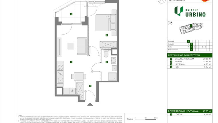 Rzut - Mieszkanie na sprzedaż 2 pokoje o powierzchni 40,35 m² - numer 5.1.A.38 w Osiedle Urbino etap 5