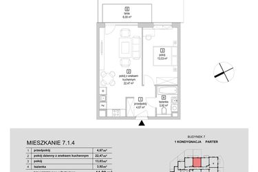 Rzut - Mieszkanie na sprzedaż 2 pokoje o powierzchni 44,09 m² - numer 7.1.4 w Osiedle Przyjemne IV