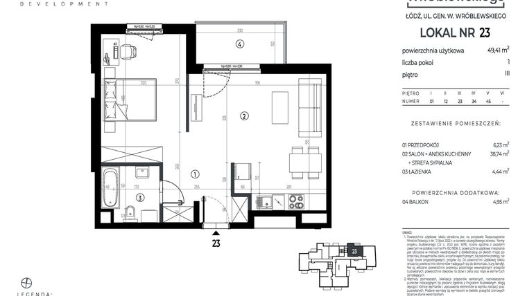 Rzut - Mieszkanie na sprzedaż 1 pokój o powierzchni 49,41 m² - numer A23 w Wróblewskiego