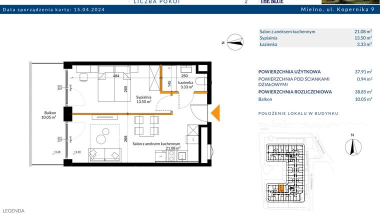 Rzut - Mieszkanie na sprzedaż 2 pokoje o powierzchni 38,85 m² - numer 1.07 w The Blue