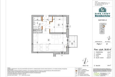 Rzut - Mieszkanie na sprzedaż 2 pokoje o powierzchni 36,6 m² - numer J2-21 w Park Leśny Rembertów etap VIII