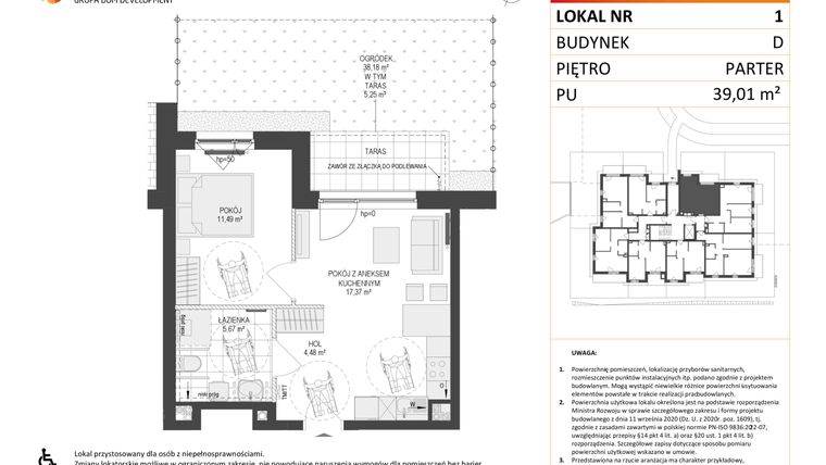 Rzut - Mieszkanie na sprzedaż 2 pokoje o powierzchni 39,01 m² - numer D.1 w Osiedle Warszawska etap II