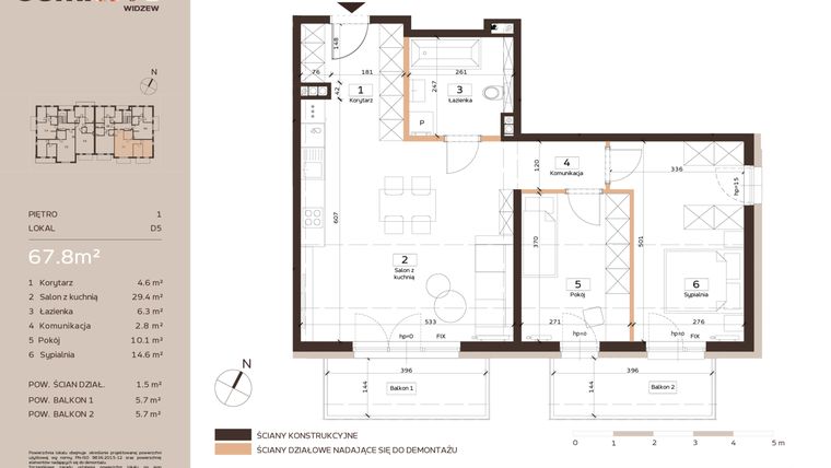 Rzut - Mieszkanie na sprzedaż 3 pokoje o powierzchni 67,8 m² - numer D5 w Domkove Widzew