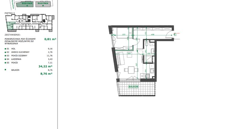 Rzut - Mieszkanie na sprzedaż 2 pokoje o powierzchni 35,31 m² - numer A.3.6 w Apartamenty Pszczyńska