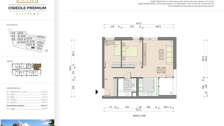 Rzut - Mieszkanie na sprzedaż 3 pokoje o powierzchni 59,21 m² - numer B3.1 w Osiedle Premium etap IV